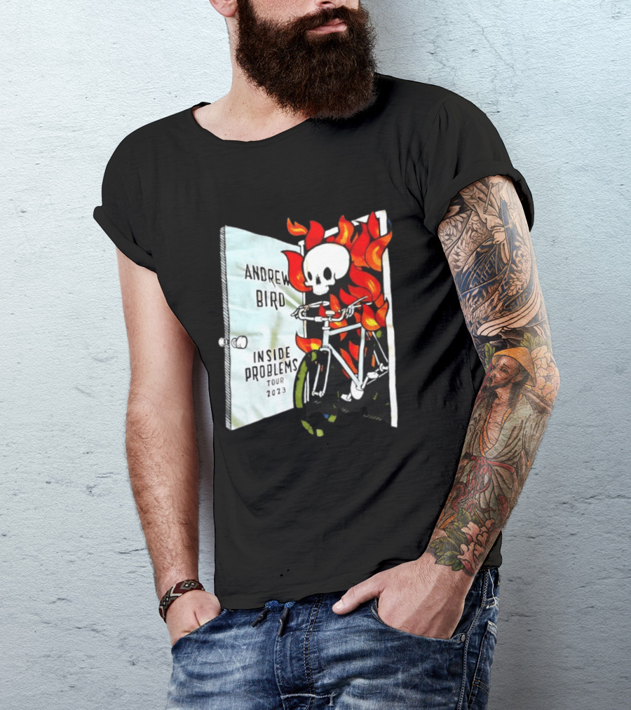 Andrew Bird Inside Problems Tour 2023 Flaming Skeleton On Bicycle T-Shirt