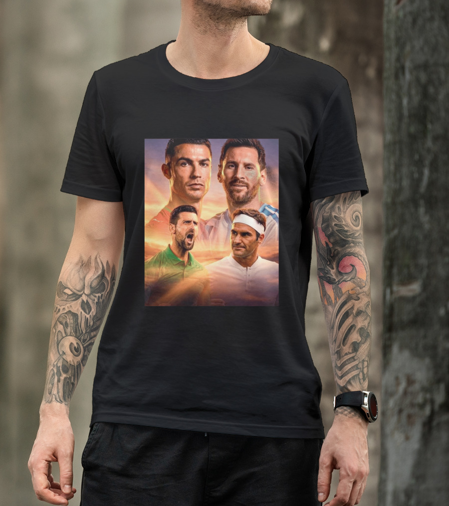 Cristiano Ronaldo Lionel Messi Novak Djokovic Roger Federer GOAT Sports Legends Celebrating Iconic Athletes T-Shirt