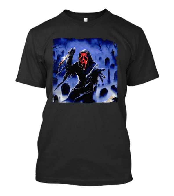 Ghostface Scream Devil Mask With Knife In Cemetery T-Shirt