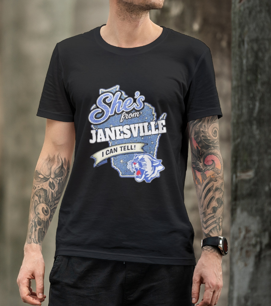 She's From Janesville I Can Tell With Wisconsin Map And Wildcat T-Shirt