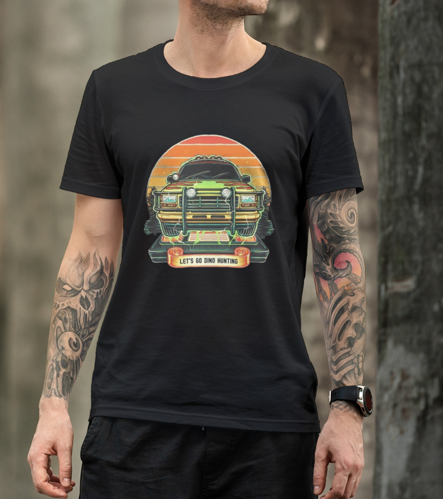 Jurassic Park Let's Go Dino Hunting Adventure Off Road Vehicle Sunset Scene T-Shirt