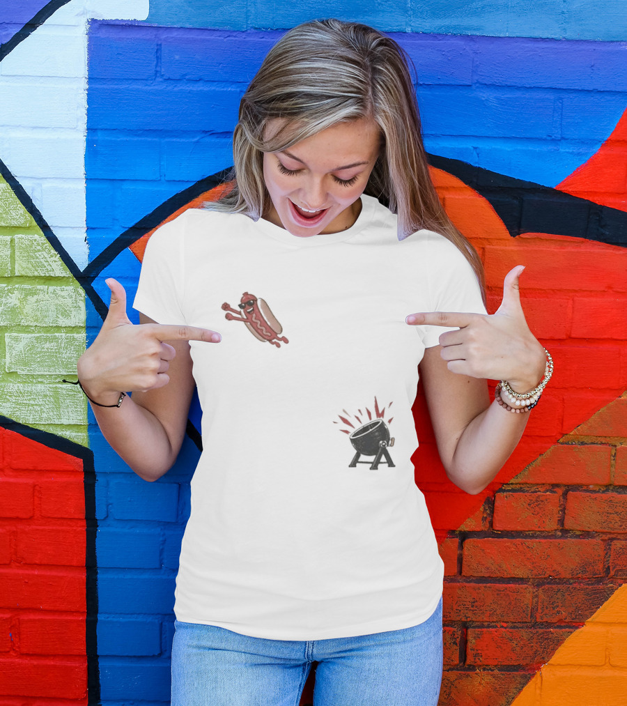 Hot Dog Jumping Into Grill Cartoon T-Shirt