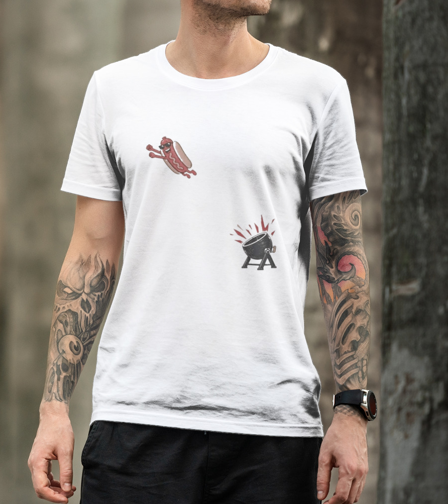 Hot Dog Jumping Into Grill Cartoon T-Shirt