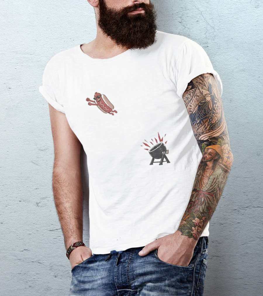 Hot Dog Jumping Into Grill Cartoon T-Shirt