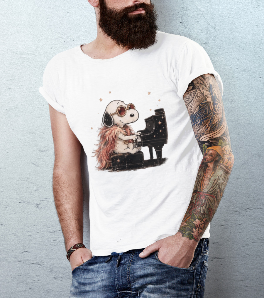 Snoopy Elton John Playing Piano Under Starry Nights T-Shirt