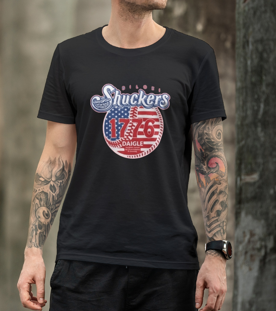 Biloxi Shuckers 1776 American Flag Baseball Daigle Text Stars Stripes T-Shirt
