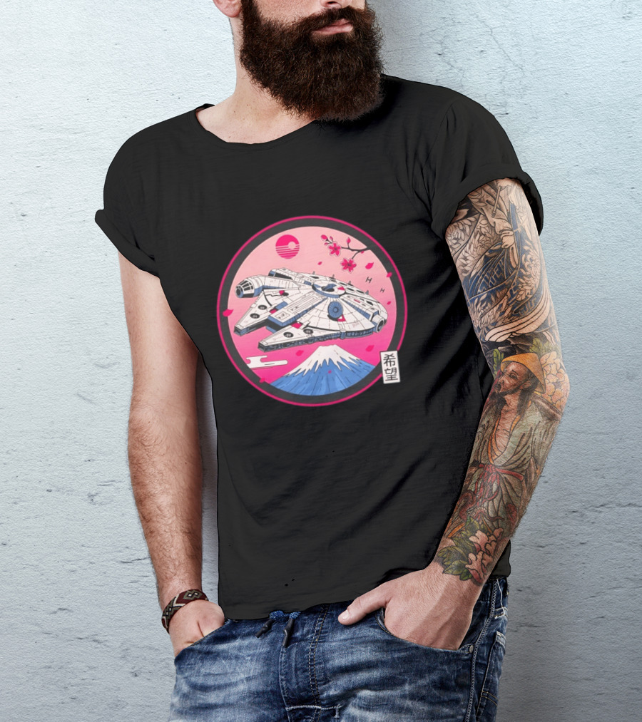 Millennium Falcon Over Fuji Cherry Blossoms Hope Kanji Circle T-Shirt