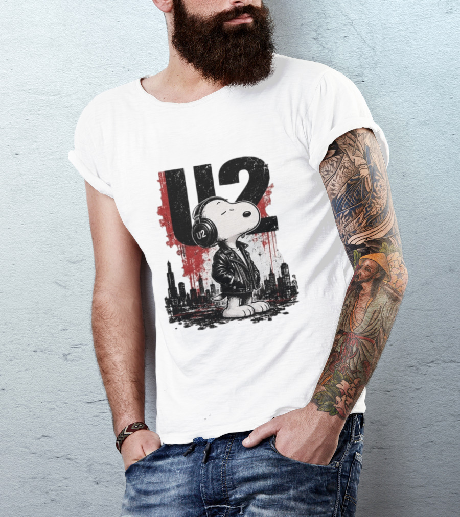 Snoopy U2 On Sky One Dream One Fearless Heart Urban Skyline T-Shirt