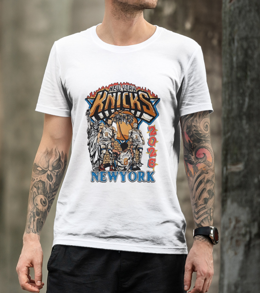 New York Knicks 2026 Champs Jalen Brunson OG Anunoby Josh Hart Statue Of Liberty T-Shirt