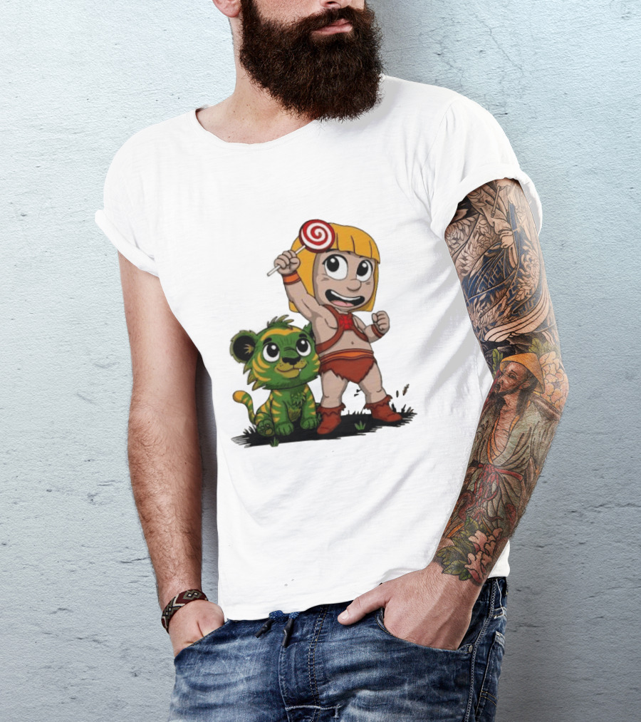 Master Of Kindergarten He Man Chibi With Tiger And Lollipop T-Shirt