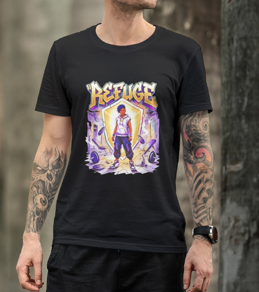 Refuge Strength God Shield Manga Style Weightlifting Motif T-Shirt