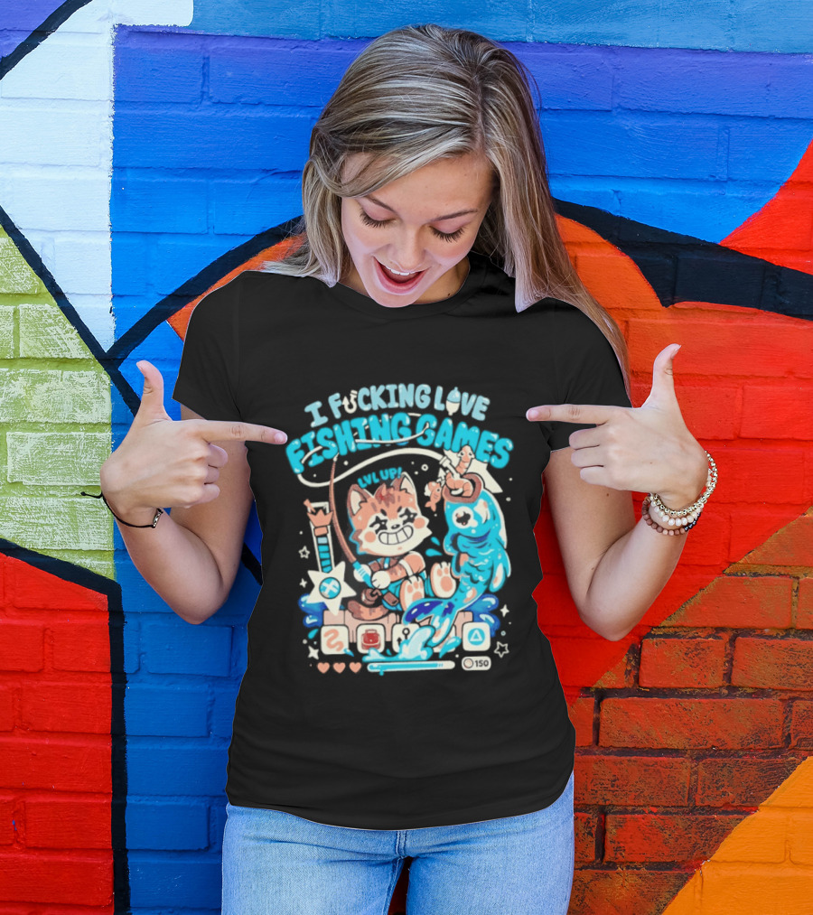 I Fucking Love Fishing Games XP Splash Cute Cat With Fish And Hearts T-Shirt