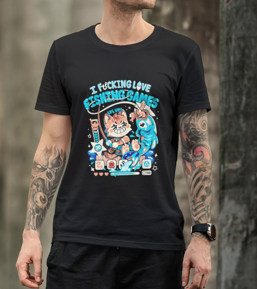 I Fucking Love Fishing Games XP Splash Cute Cat With Fish And Hearts T-Shirt