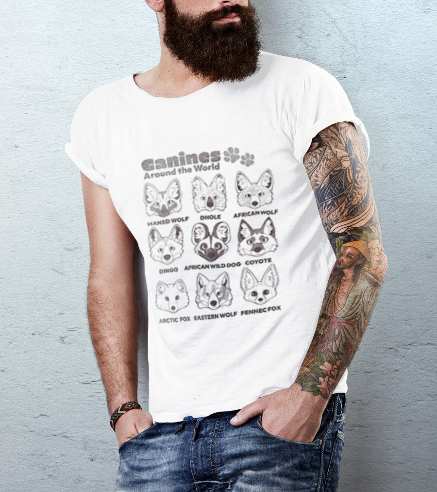 Ganines Around The World Maned Wolf Dhole Bush Dog African Wild Dog Coyote Culpeo Raccoon Dog Tibetan Fox Ethiopian Wolf Tanuki T-Shirt