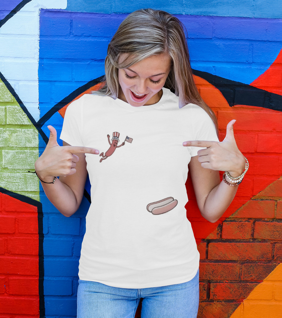 Hot Dog Wearing USA Flag Hat Jumping With American Spirit T-Shirt