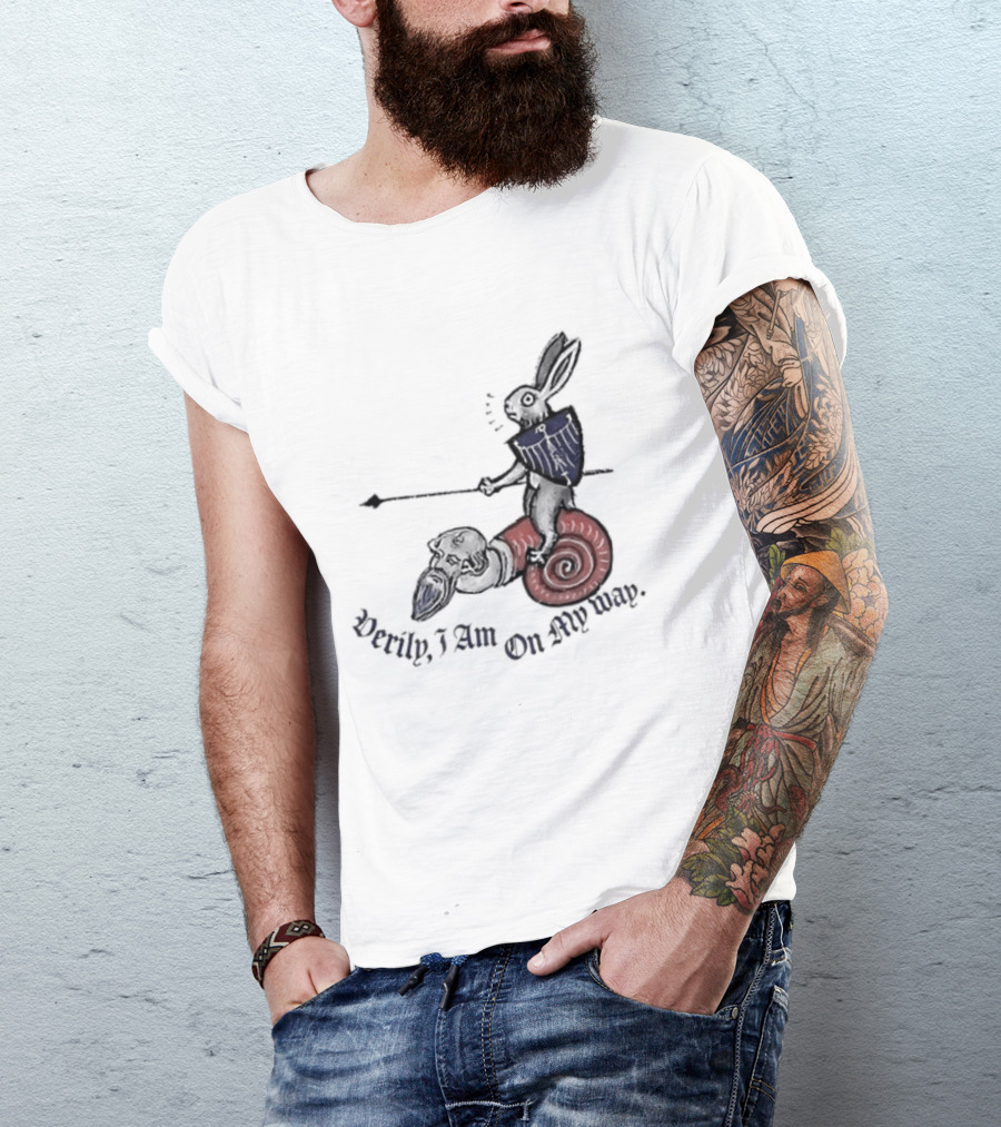 Verily I Am On My Way Knighted Rabbit Snail Medieval Marginalia T-Shirt