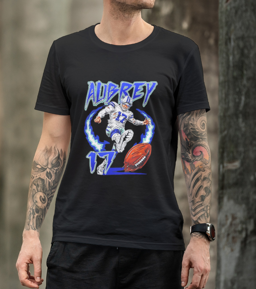 Aubrey 17 Dallas Football Player Kicking With Blue Lightning T-Shirt