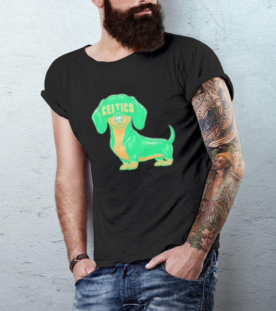 Boston Celtics Dachshund Cartoon Glasses T-Shirt