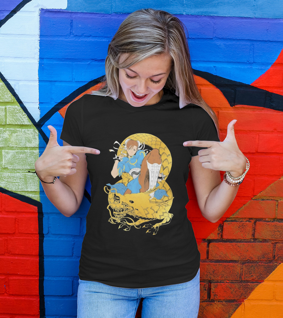 Chun Li Gold Dragon Kick Fighter Blue Outfit Gold Dragon T-Shirt