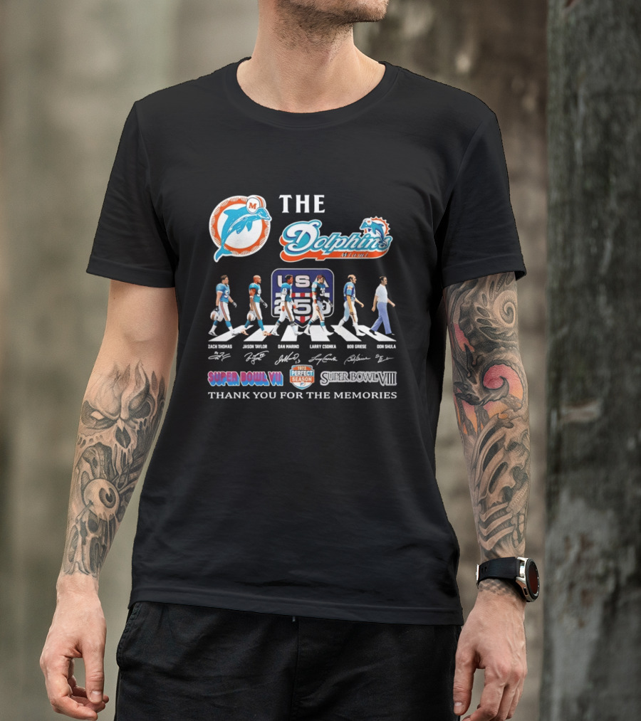 The Miami Dolphins Legends Zach Thomas Jason Taylor Dan Marino Larry Csonka Bob Griese Don Shula Thank You For The Memories Super Bowl VII VIII T-Shirt