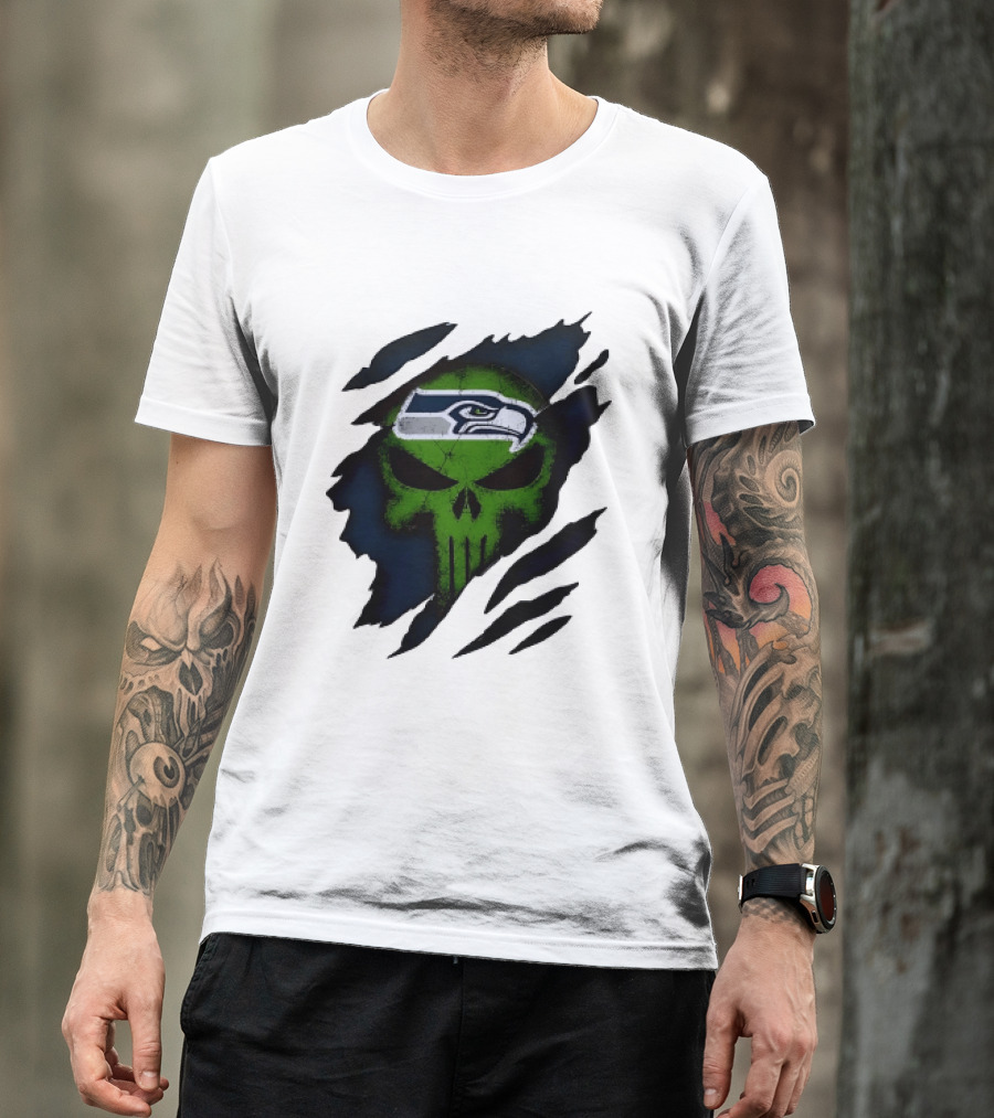 Seattle Seahawks Punisher Skull Ripped Fabric T-Shirt