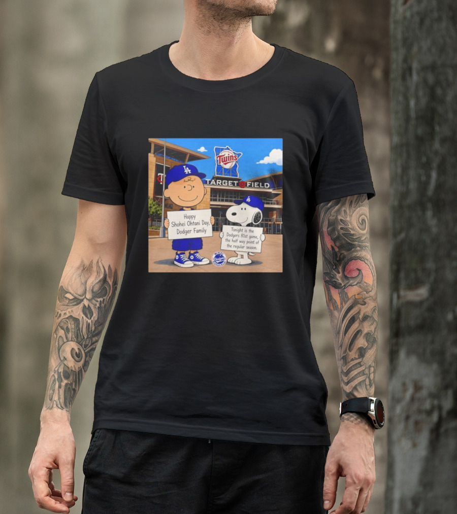 Snoopy And Charlie Brown Happy Shohei Ohtani Day Dodgers Twins Target Field T-Shirt