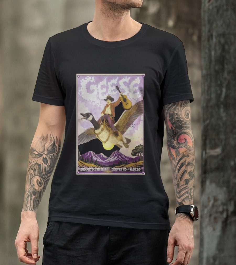 Geese Summit Music Hall Denver CO 6.25.26 Tour Cowboy Riding Goose Guitar T-Shirt