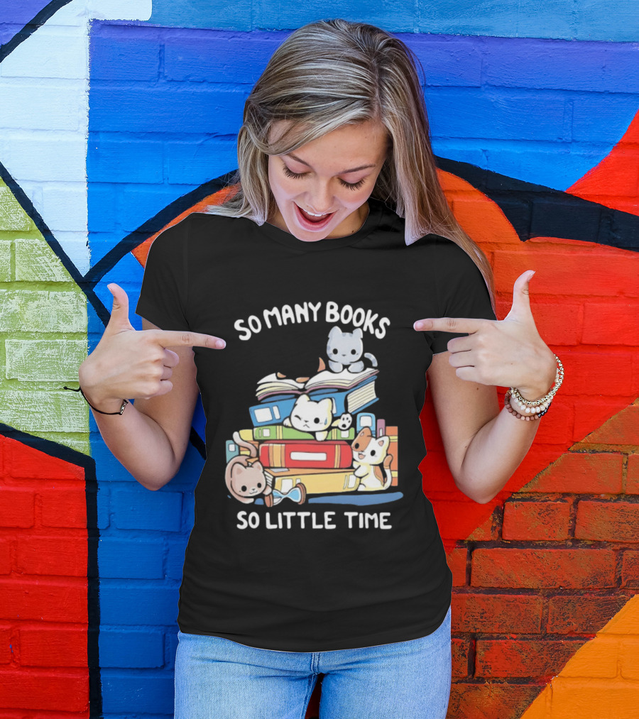 Whimsical Cartoon So Many Books So Little Time Cats Reading T-Shirt