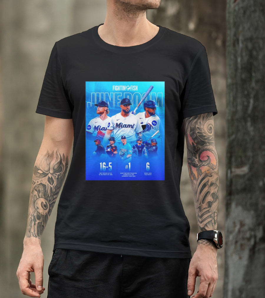 Fighting Fish Miami June Boom Sandy Alcantara Franchise Record T-Shirt