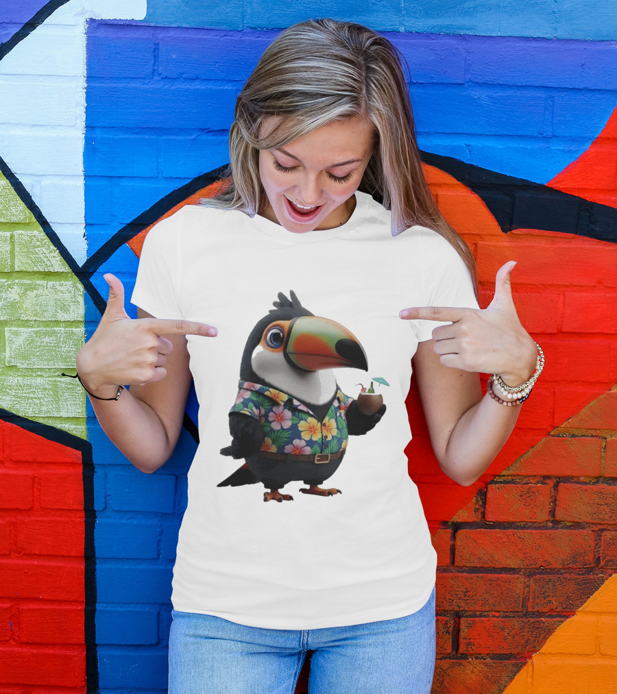Cartoon Toucan In Hawaiian With Tropical Coconut Drink T-Shirt
