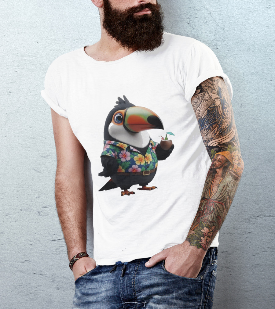 Cartoon Toucan In Hawaiian With Tropical Coconut Drink T-Shirt