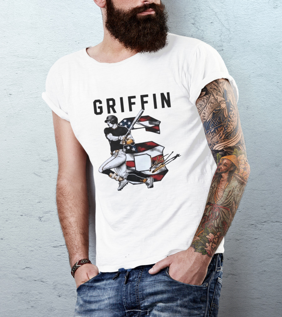 Griffin Baseball Player Swinging Bat American Flag Number 6 T-Shirt