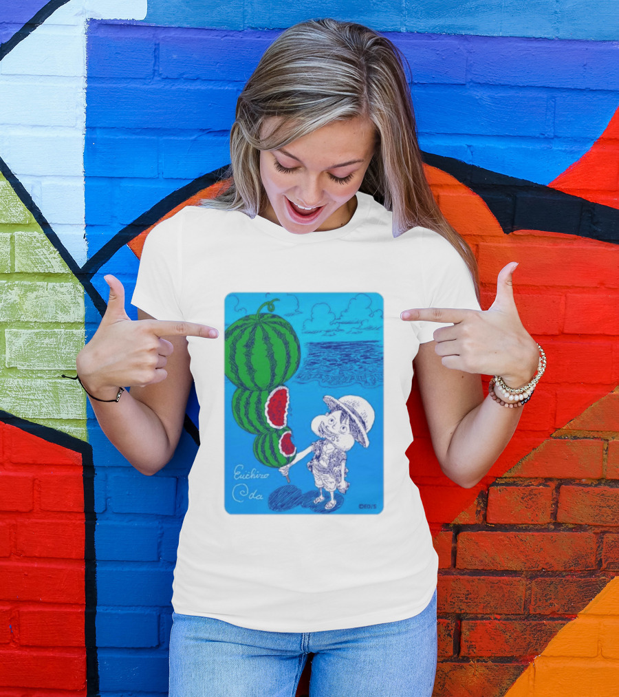 Monkey D Luffy Watermelon Eating Art By Eiichiro Oda One Piece Ocean Scene T-Shirt