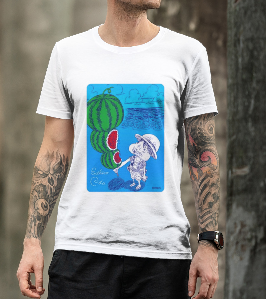 Monkey D Luffy Watermelon Eating Art By Eiichiro Oda One Piece Ocean Scene T-Shirt