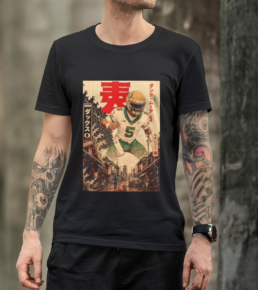 Dante Moore Number 5 Oregon Ducks Football Japanese Art Style Rugged City Scene T-Shirt