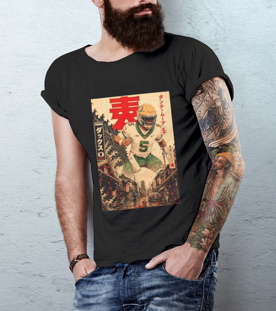 Dante Moore Number 5 Oregon Ducks Football Japanese Art Style Rugged City Scene T-Shirt