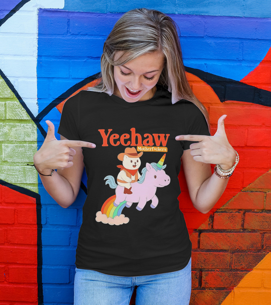 Yeehaw Motherfuckers Cat Cowboy On Rainbow Unicorn T-Shirt