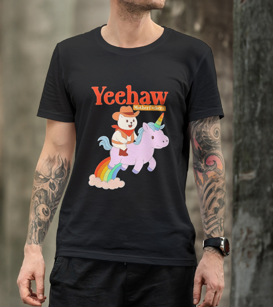 Yeehaw Motherfuckers Cat Cowboy On Rainbow Unicorn T-Shirt