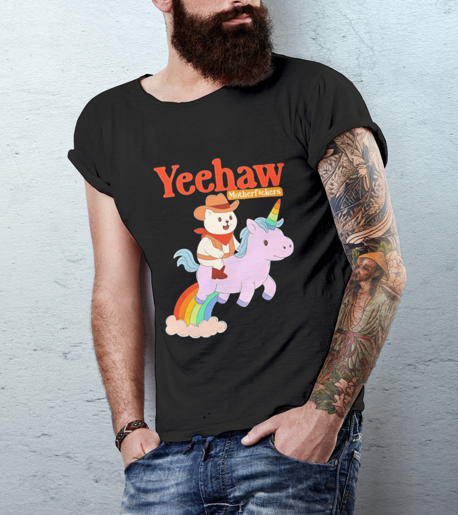Yeehaw Motherfuckers Cat Cowboy On Rainbow Unicorn T-Shirt