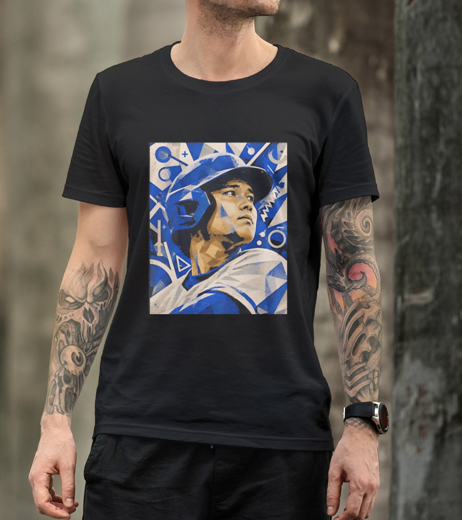Baseball Player In Geometric Blue Abstract T-Shirt