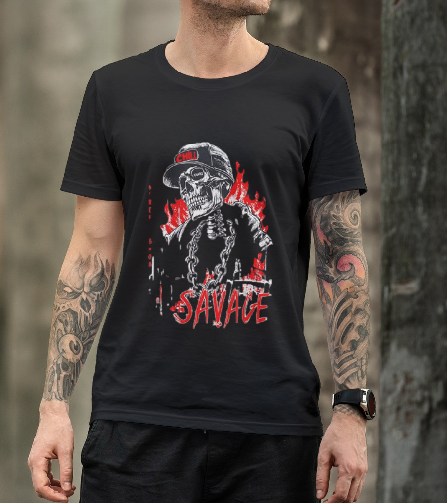 Street Ghost Chill Savage Skeleton Flames Red Black Chain T-Shirt