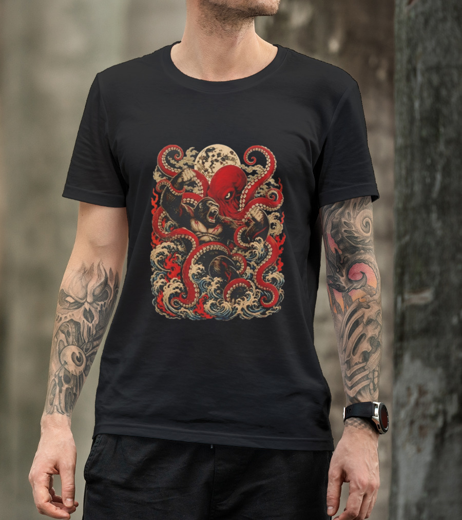 Tokyo Kaiju Octopus Vs Gorilla Battle Waves And Moon Scene T-Shirt