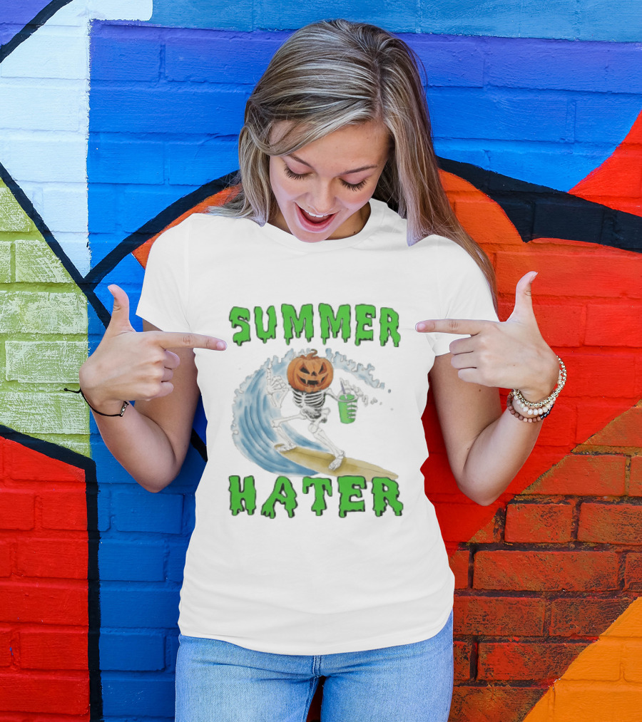 Skeleton With Pumpkin Head Surfing Wave Summer Hater T-Shirt