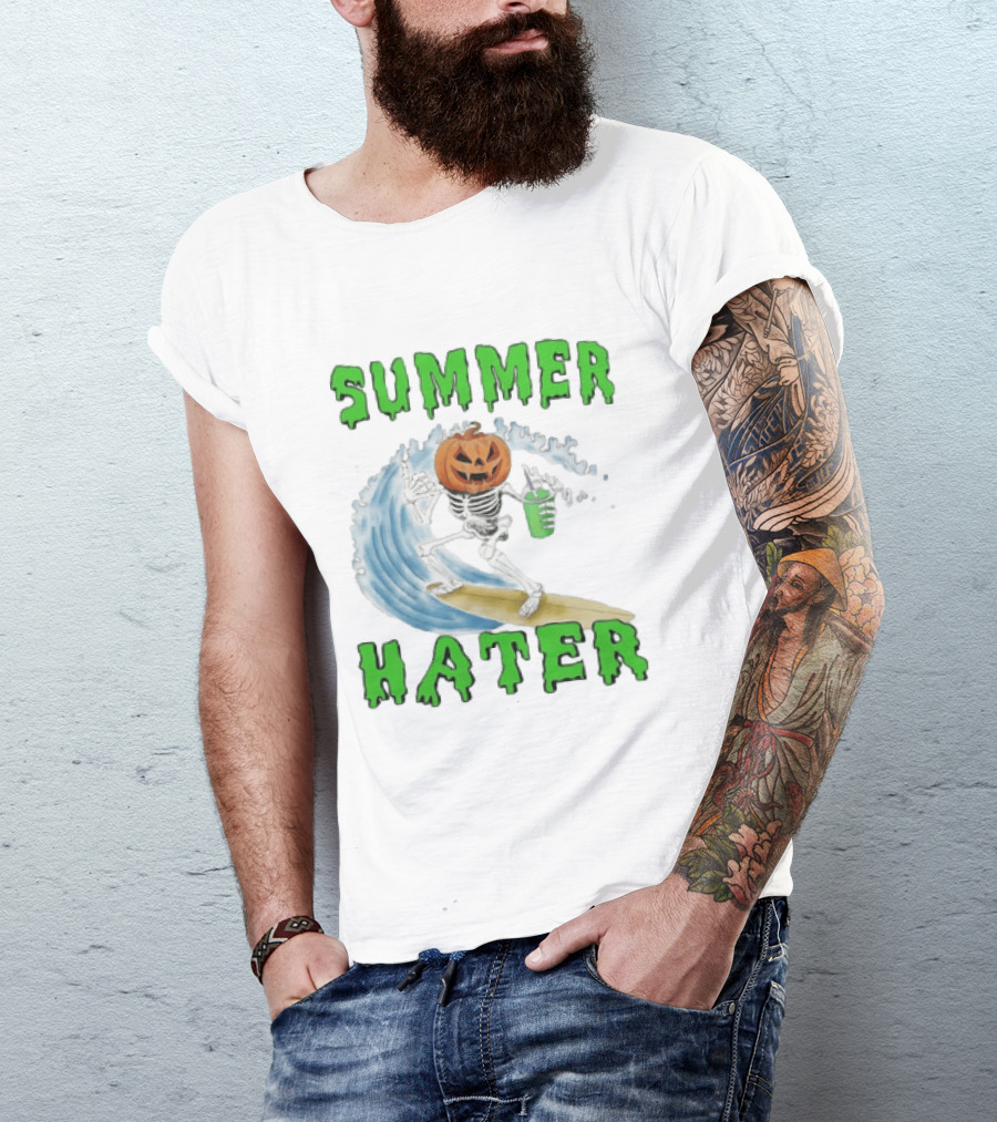 Skeleton With Pumpkin Head Surfing Wave Summer Hater T-Shirt