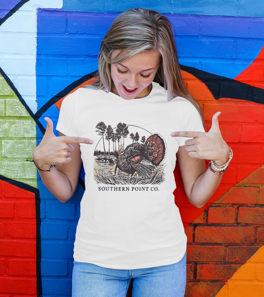 Southern Point Co. Turkey Strutting In The Field With Pine Trees And Horizon Scene T-Shirt