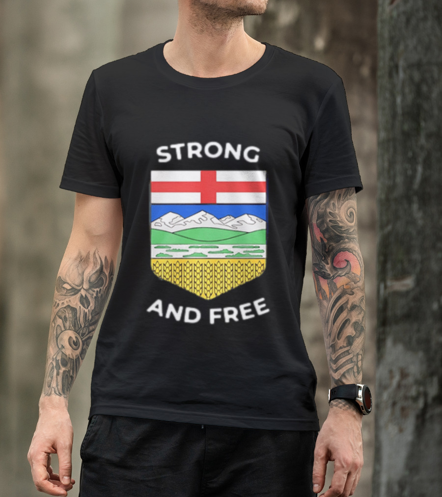 Alberta Canada Map Flag Strong And Free Crest And Wheat Sheaves T-Shirt