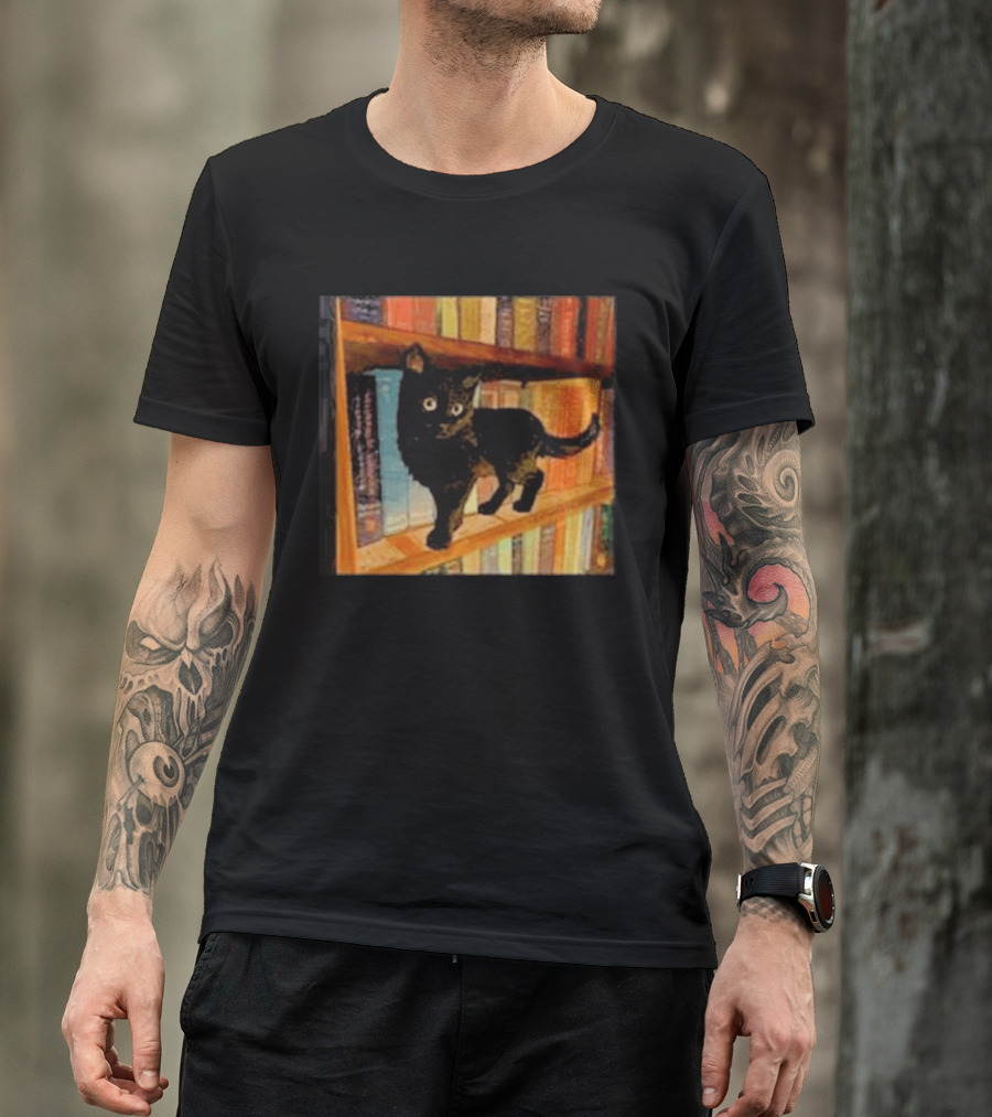 Black Cat On Bookshelf With Colorful Books T-Shirt