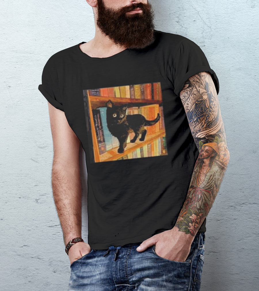Black Cat On Bookshelf With Colorful Books T-Shirt
