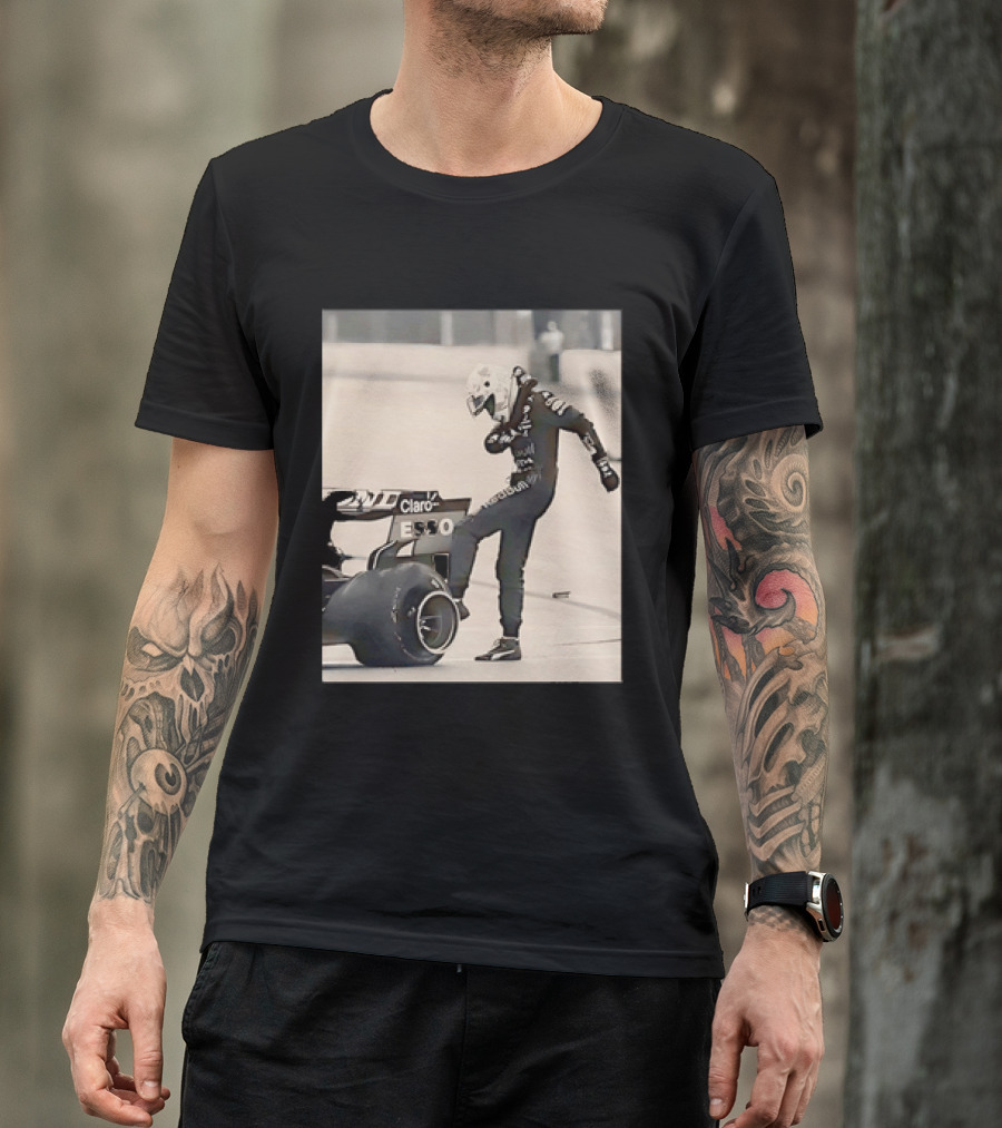 Max Verstappen Kicks Racing Tire Trackside In Racing Suit T-Shirt