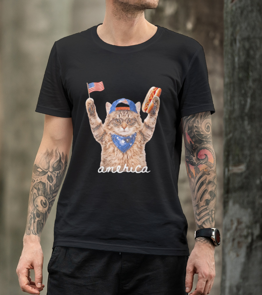 Patriotic Cat American Flag Hot Dog America Fourth Of July Celebration T-Shirt